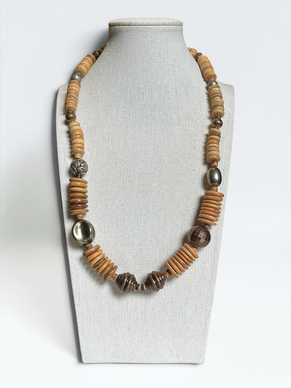 Boho Natural Chunky Wood Silver Beaded Statement Necklace CC X